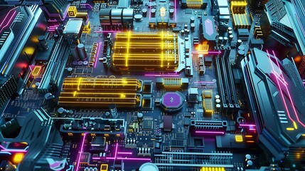 Silver-blue futuristic motherboard with yellow, purple, and red digital chips and glowing beam intersections .