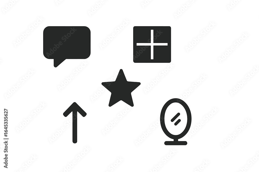 Poster collection of various icons representing communication, growth, and reflection concepts in simple de