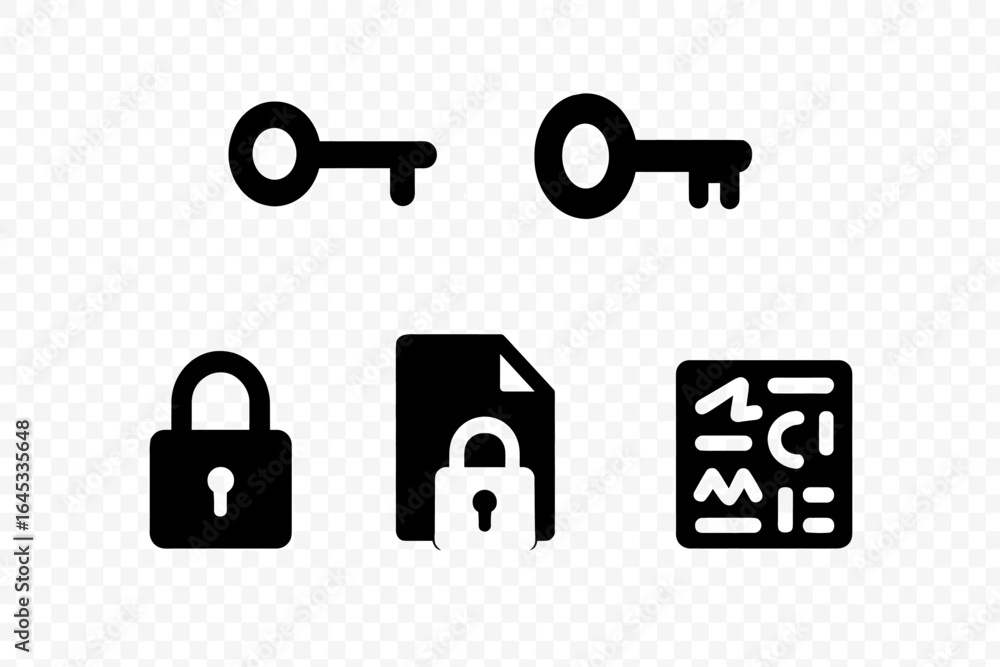 Poster symbols of security featuring different keys, padlocks, and a locked document displayed against a tr