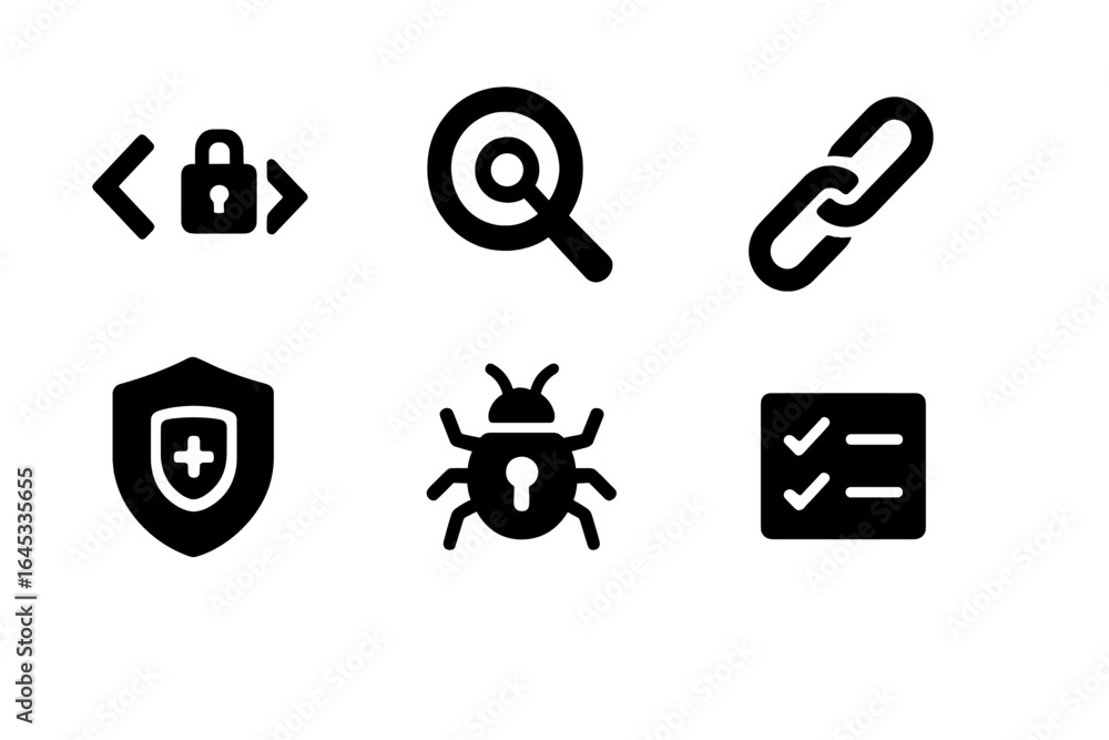 Poster various icons representing cybersecurity concepts such as protection, vulnerability, and verificatio