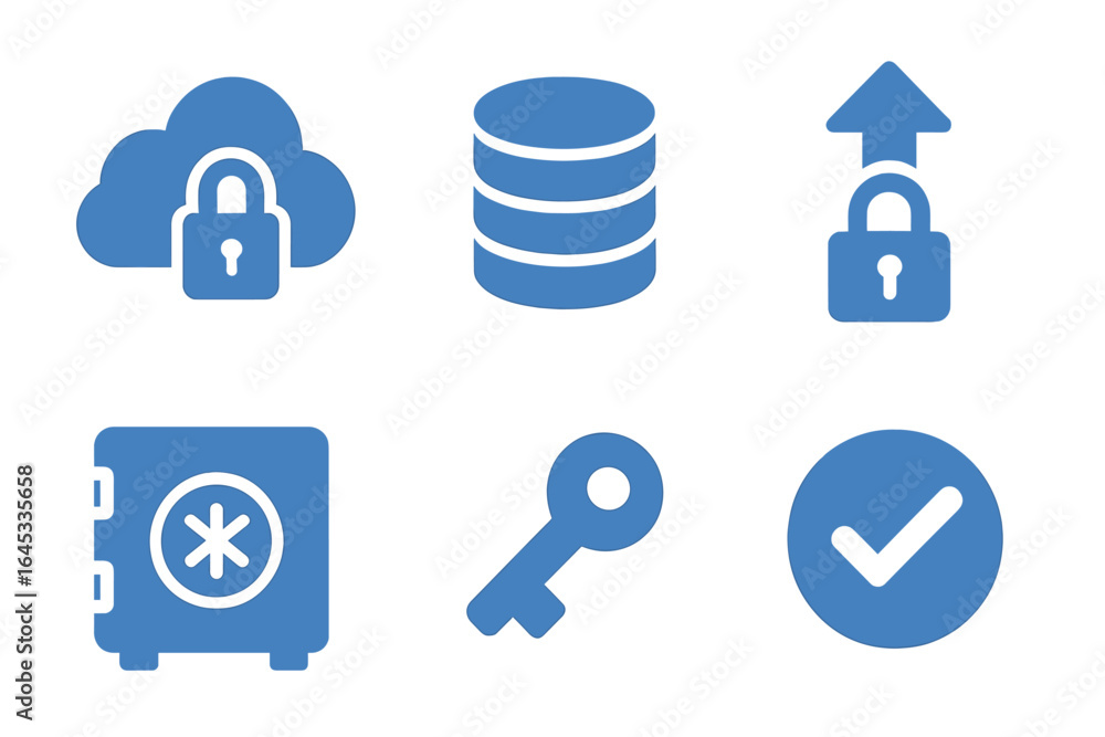 Poster icons representing security measures for data protection in digital environments and safe storage pr