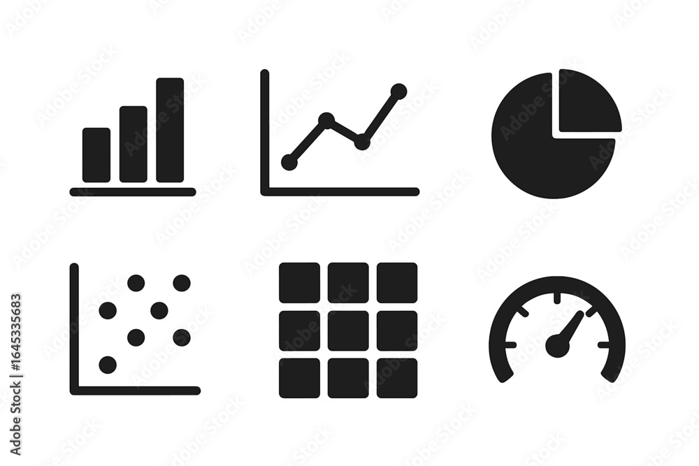 Poster various black and white icons representing data analysis and visualization techniques
