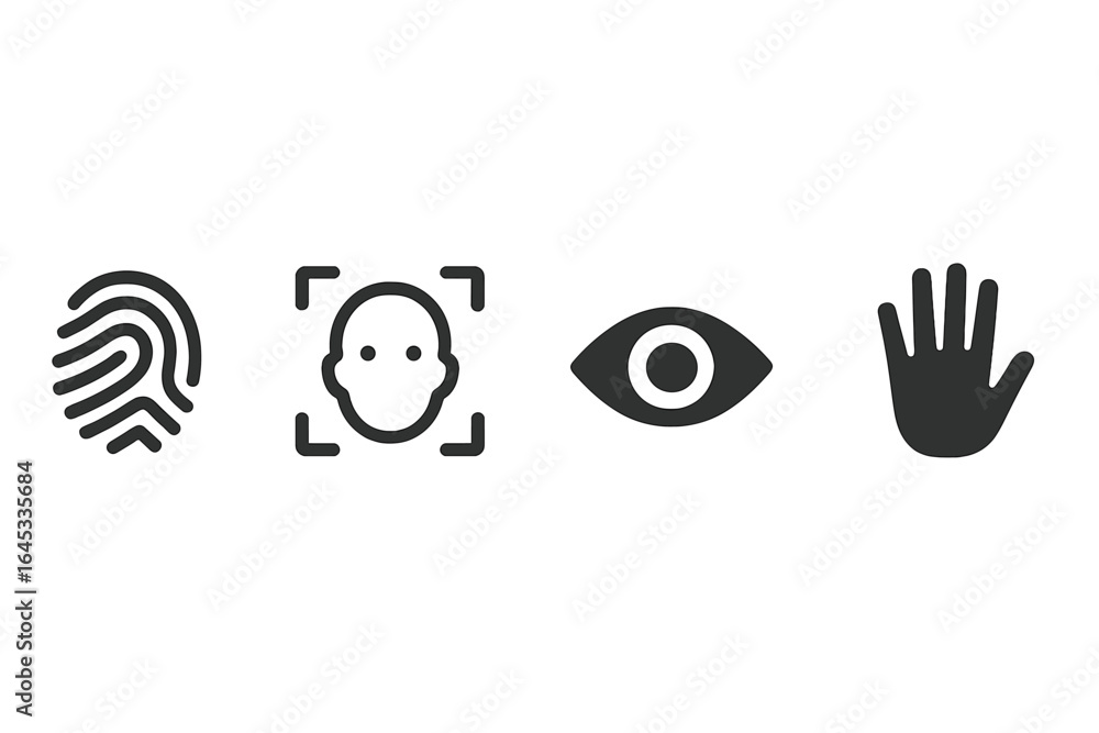 Poster digital security symbols representing biometric authentication methods for identity verification