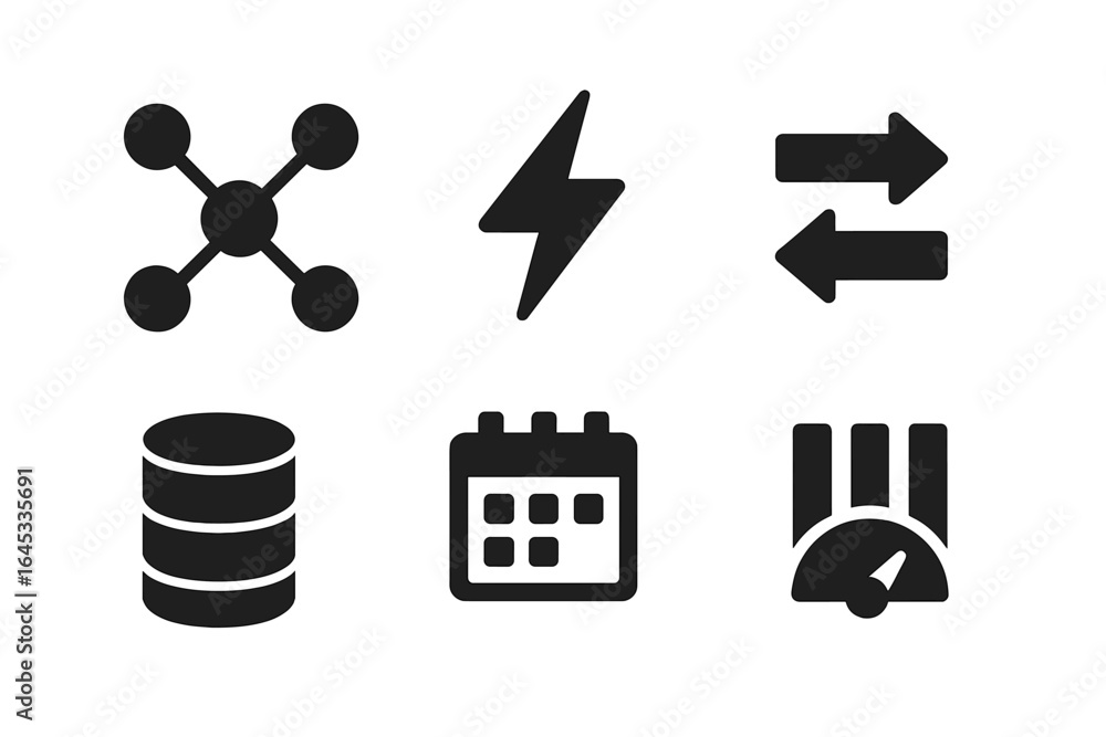 Poster icons representing technology concepts including networking, energy, data storage, scheduling, and d