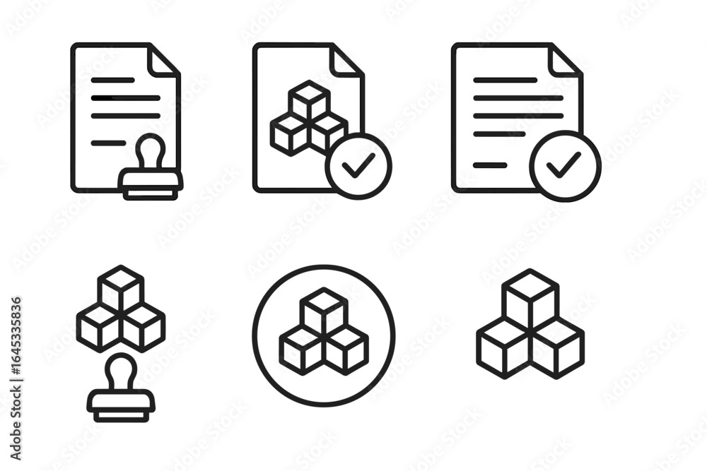 Poster icons illustrating document approval and block structure, representing validation in a digital conte