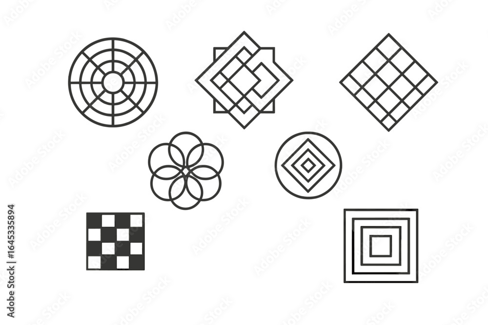 Poster unique geometric patterns arranged in a creative layout showcasing symmetry and design aesthetics
