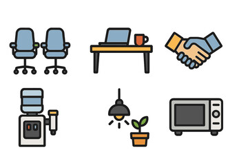 Office workspace elements featuring chairs, desk, laptop, and water cooler in a bright setting