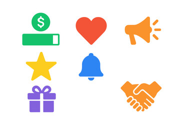 Colorful icons representing various concepts such as love, money, gifts, and communication display a modern and playful design