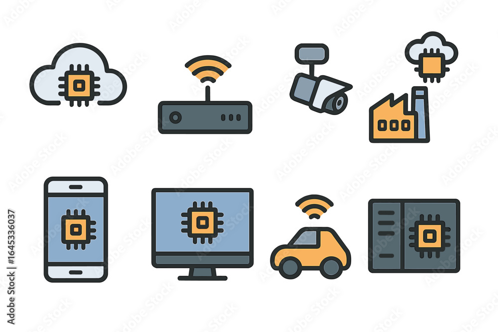 Poster icons representing the connectivity and integration of smart technology in everyday devices and envi