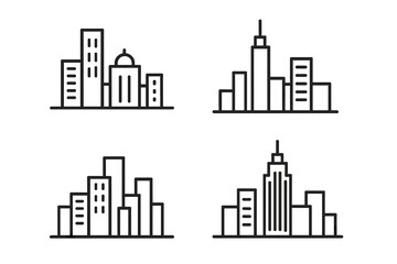 City skyline illustrations showcasing various architectural styles at different times of day
