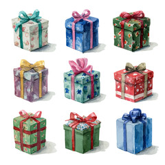 My hand-painted watercolor of a Christmas gift box with ribbon, featuring soft tones and artistic simplicity, isolated on white, EPS vector ready. EPS vector design,  collection