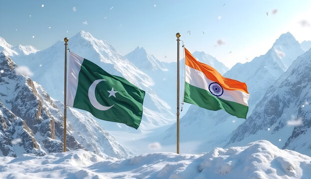 Pakistan independence day august 14th, India independence day august 15th, Pakistan India flag's in sonw, - Powered by Adobe