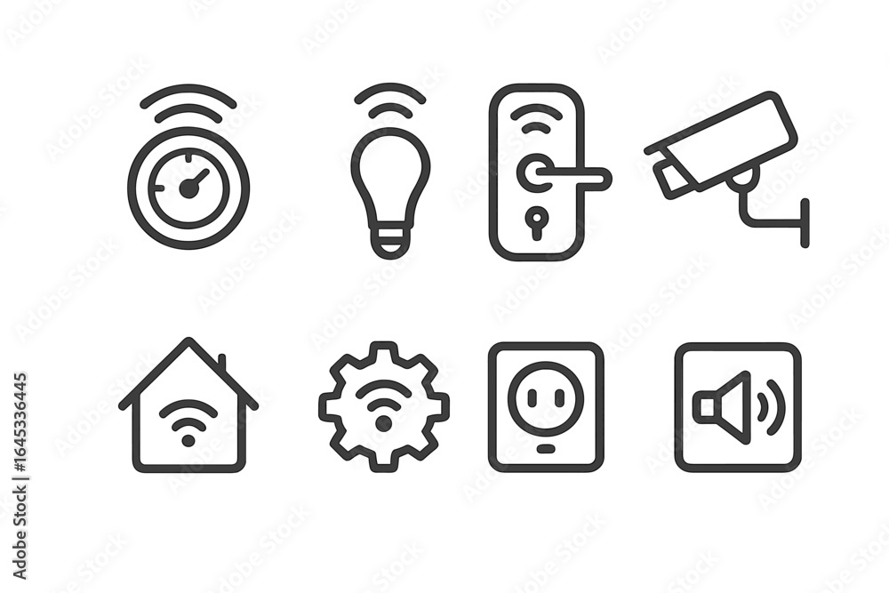 Poster smart home technology icons representing various functions and features for modern living and conven