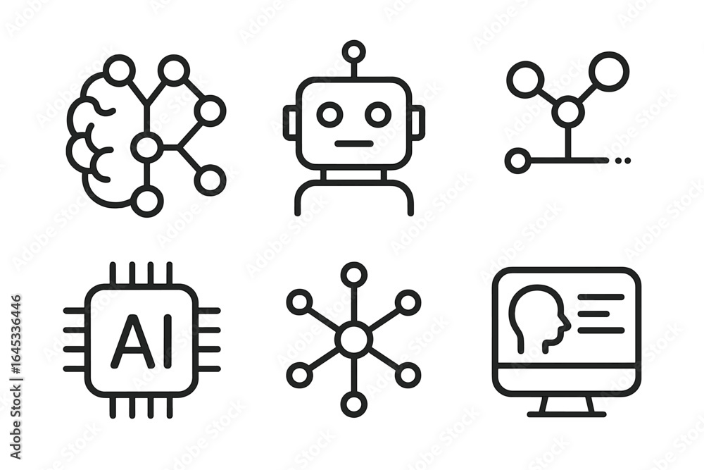 Poster collection of artificial intelligence icons representing technology and innovation concepts in vario