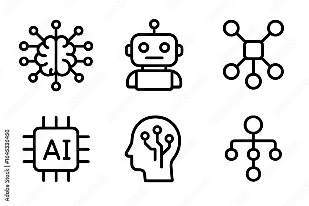 Poster icons representing artificial intelligence concepts such as machine learning, neural networks, and r