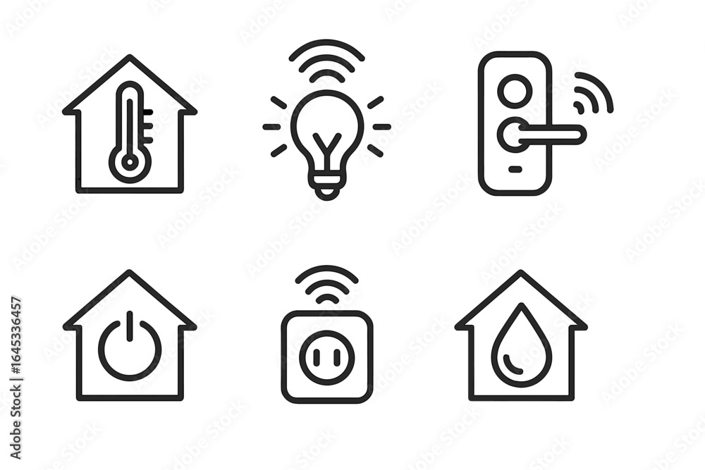 Poster Smart home technology icons showcasing automation features for energy control and security in a modern setting