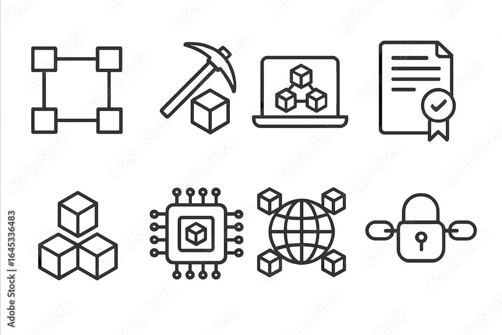 Poster modern technology concepts represented through minimalist icons focusing on data, security, and bloc