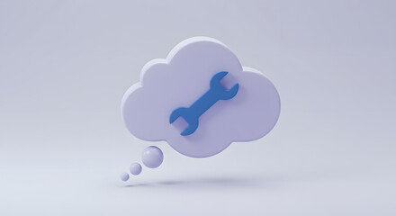 Cloud Computing Settings Concept: 3D Thought Bubble with Wrench Icon. Digital Solutions, IT Support & Maintenance Idea