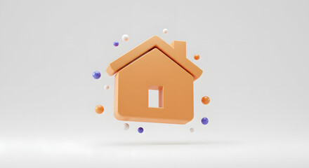 3D Minimalist Orange House Icon with Floating Spheres