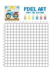 Copy the picture grid drawing worksheet for kids. Pixel art motorcycle