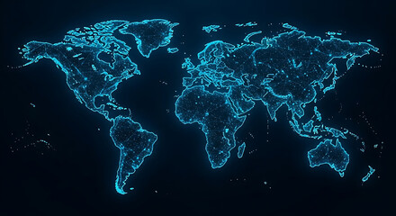 Glowing blue world map with digital network visualization showing global connections, data nodes, and technology communication pathways

