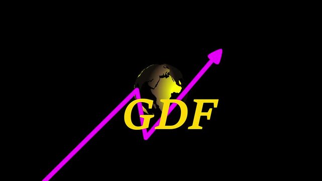 Glowing neon world map, GDF growth graph, global economic development, futuristic financial data, dark background