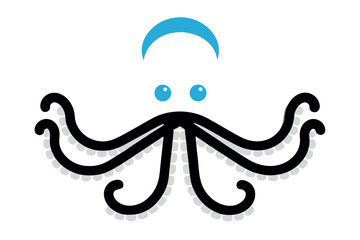 Stylized cartoon octopus with blue eyes and crescent head on white background illustration
