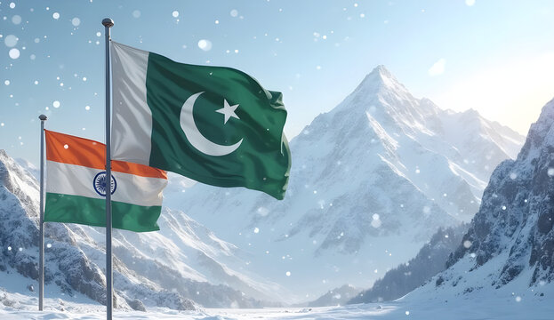 Pkistan independence day august 14th,day of Pakistan and India independence day 1947, Pakistan and India flag's on mountain in snow 