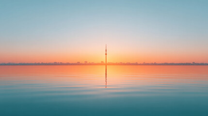 Cellular tower calm lake sunrise reflection cityscape tranquil pastel colors symmetrical peaceful serene horizon beautiful morning landscape