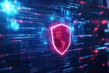 Cyber Security Shield: Digital Protection Against Cyber Threats in a Blue and Red Abstract World