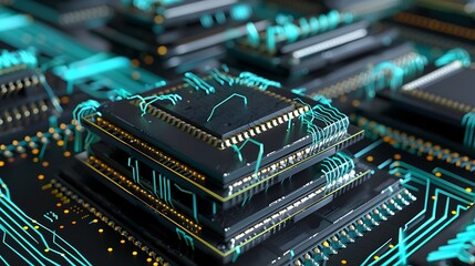 Stacked processors with prismatic reflections and moving cyan neon threads across a matte black board .