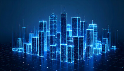 Fototapeta premium Futuristic Blue Digital Cityscape Illustration with Geometric Wireframe Buildings and Data Connections