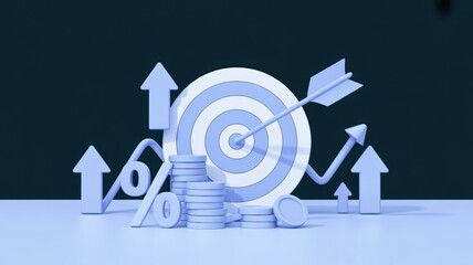 Hitting a Business Target - A 3D target with a dart, stacks of coins, and a percentage sign, symbolizing achieving a business goal and a successful financial strategy