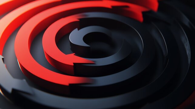 Abstract image of concentric red and black arrows spiraling inwards, creating a dynamic and visually striking design.