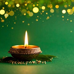Indian traditional festival diwali diya glowing on green background
