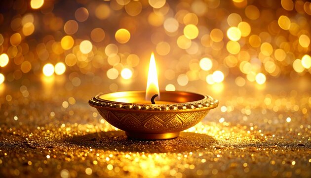 Happy diwali golden oil lamp or diya on shiny golden background