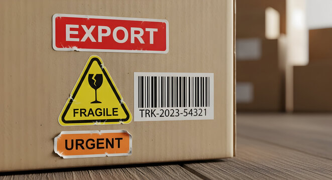 Shipping box with export, fragile, and urgent labels conveys express delivery, international logistics, and careful handling
