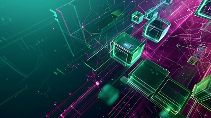 Tech surface glowing in jade and fuchsia with dynamic motion trails and high-energy computing cubes .