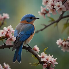 Obraz premium Bluebird in Gentle Morning Light Amid Pink Blossoms and Blurred Background