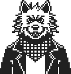 pixel art wolf character in checkered scarf and jacket retro 8 bit animal with fierce expression, vintage digital illustration