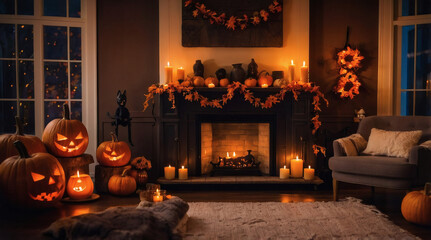 Obraz premium Entryway decorated for Halloween with pumpkins, spooky props, garland, rustic wooden door, and autumn leaves.