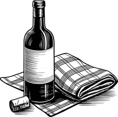 Wine bottle with cork on checkered cloth, elegant picnic or dining table setting, vintage detailed black and white illustration