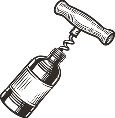 Classic hand corkscrew with wine bottle vintage manual opener, spiral metal screw for uncorking, retro bar tool illustration