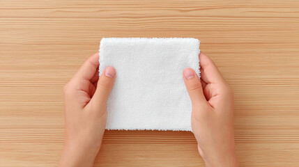 Obraz premium Hands holding clean white cloth on wooden table, preparing for cleaning with calm and organized feeling, showing neatness and simplicity in daily chores