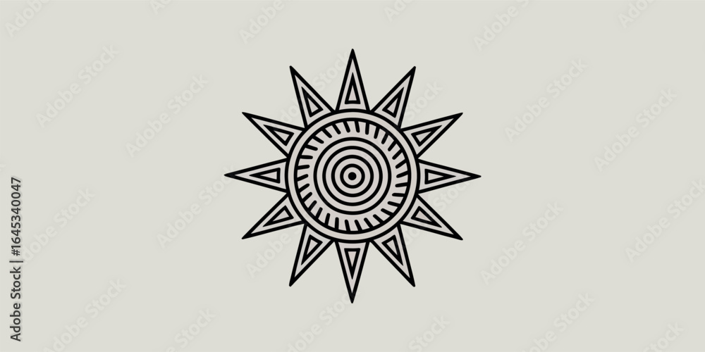 Poster stylized sun icon with concentric circles and sharp rays minimalist design concept