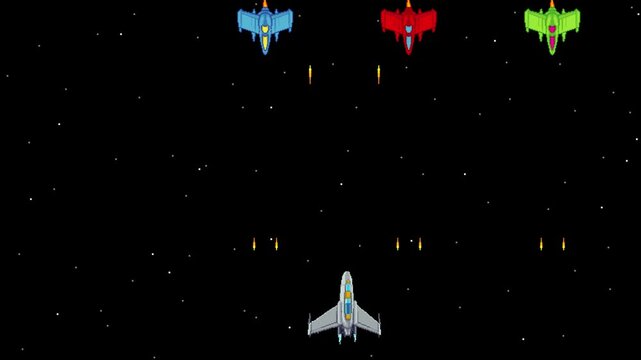 Pixel art looped animation of a top down space battle with player spaceship, enemy ships, laser shooting, explosions and moving starfield background. Retro arcade, video game concept.