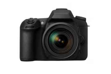 Modern digital single-lens reflex camera on transparent background