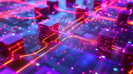 Vibrant purple data paths slicing through red-blue logic cubes and glowing structures on a flat tech surface .