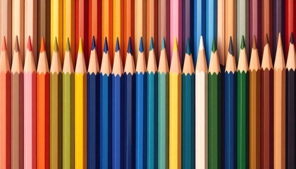 Vibrant array of colored pencils in neat rows showcasing spectrum hues for creative pursuits