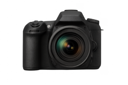 Modern digital single-lens reflex camera on transparent background